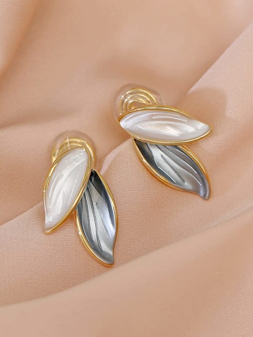 14k Gold [ ear clip] Brass Shell Leaf Trend Stud Earring